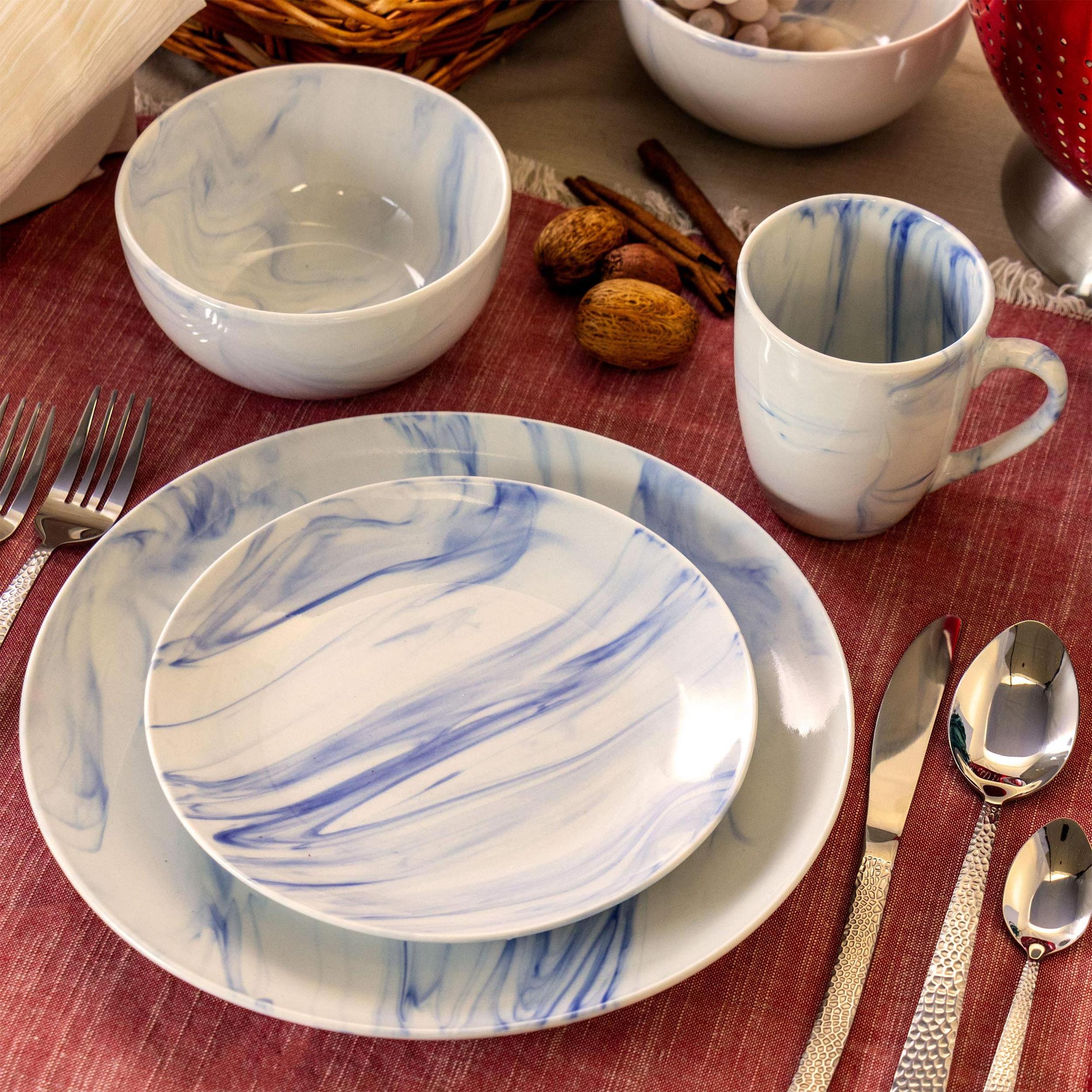 2024 New Design 16pcs Porcelain With Marble Glazed Porcelain Ceramic Dinner Set With Blue Color