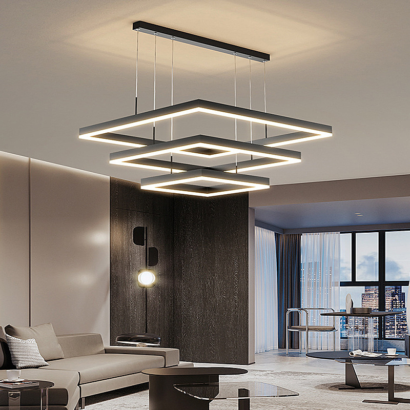 Modern Hanging Pendant Light Contemporary Acrylic Black New Design Square Lamp Dining Room Living Room LED Chandelier