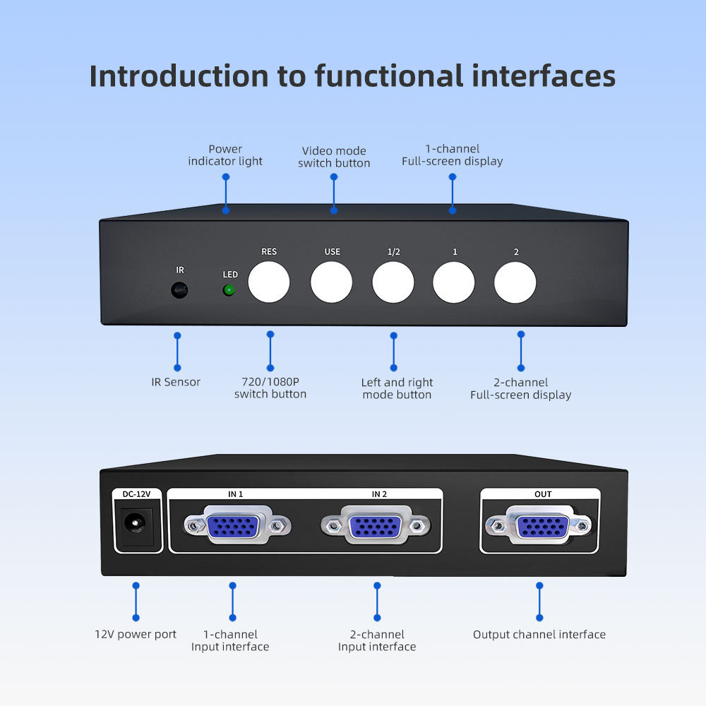 VGA splitter switch 2 input 1 output Video VGA Multiviewer with IR remote