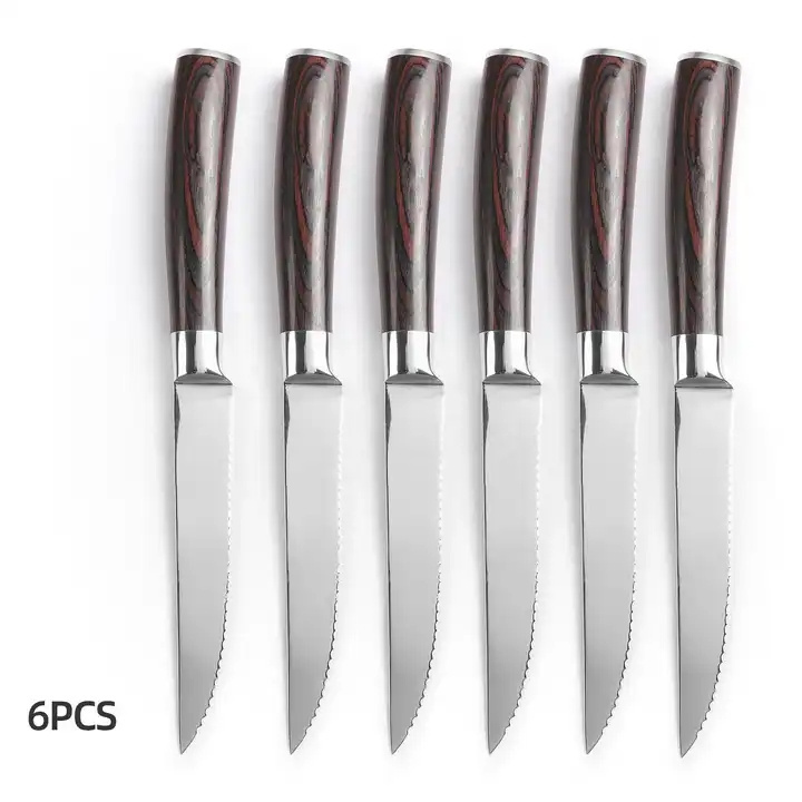 4.5 Inch Steak Knife Set of 6 Ultra Sharp Serrated Stainless Steel Blade With Pakka  Wood Handle Chef Knife Set