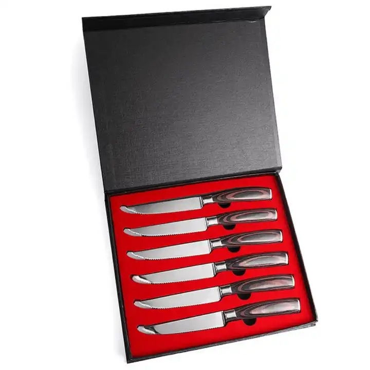 4.5 Inch Steak Knife Set of 6 Ultra Sharp Serrated Stainless Steel Blade With Pakka  Wood Handle Chef Knife Set