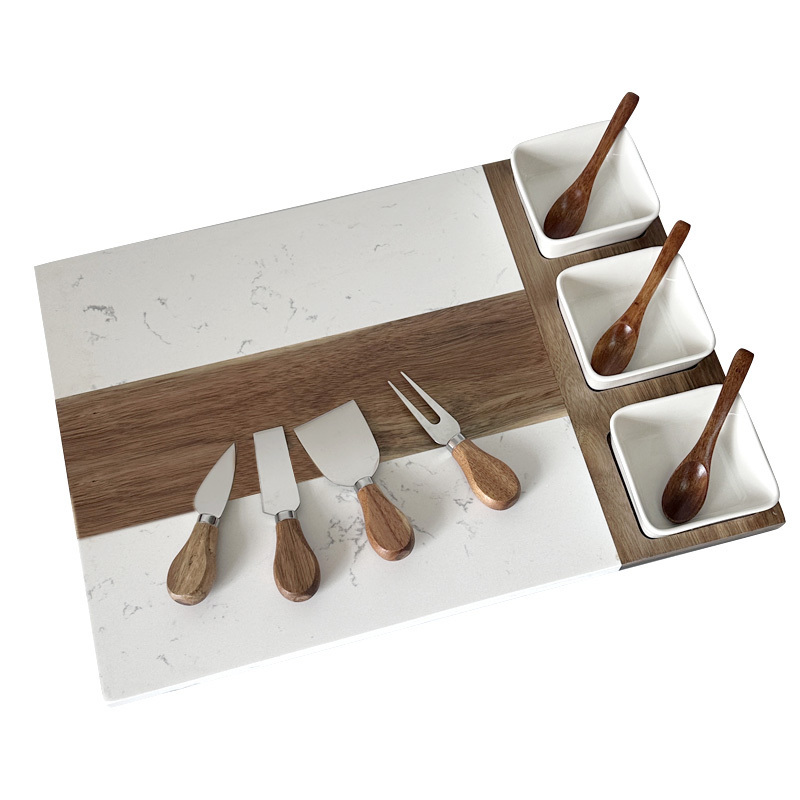 New Product Wholesale Marble Acacia Wooden Charcuterie Cheese Board With 3 Ceramic Bowls and Cheese Tools