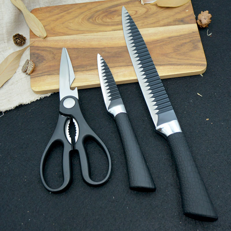 High quality 6pcs non-stick wave pattern coating stainless steel kitchen knife set with plastic handle