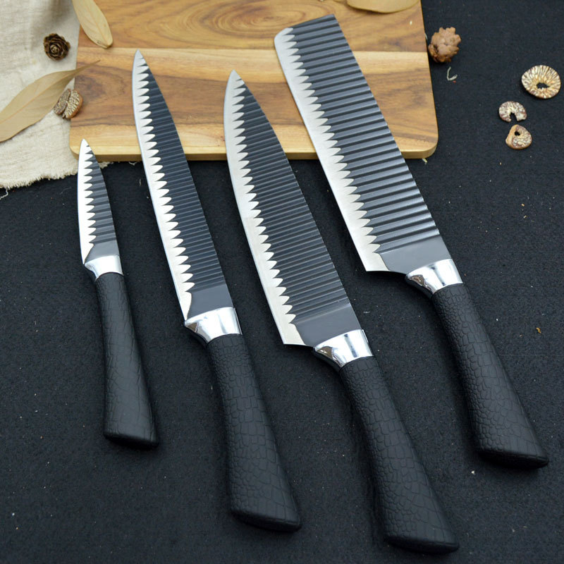 High quality 6pcs non-stick wave pattern coating stainless steel kitchen knife set with plastic handle