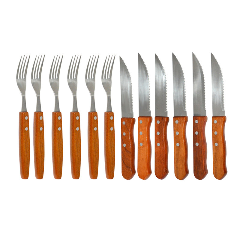 Hot Sales 12pcs kitchen stainless steel serrated blade steak knife and Fork set with Wooden Handle