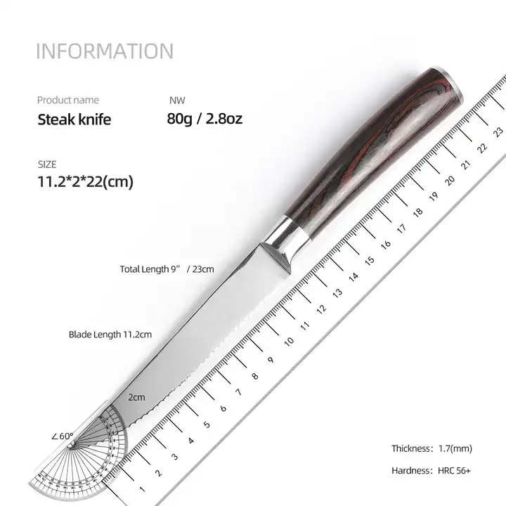 4.5 Inch Steak Knife Set of 6 Ultra Sharp Serrated Stainless Steel Blade With Pakka  Wood Handle Chef Knife Set