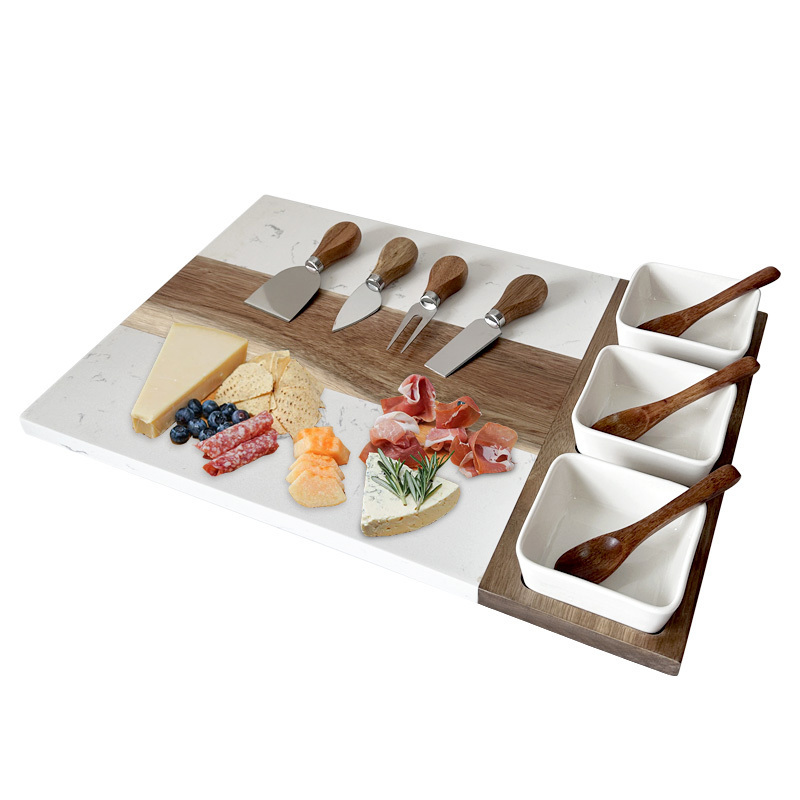 New Product Wholesale Marble Acacia Wooden Charcuterie Cheese Board With 3 Ceramic Bowls and Cheese Tools