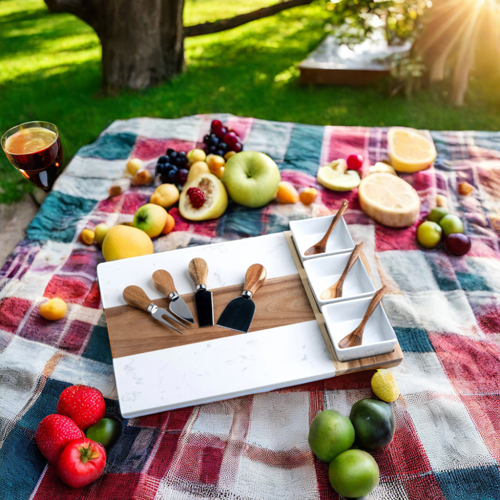 New Product Wholesale Marble Acacia Wooden Charcuterie Cheese Board With 3 Ceramic Bowls and Cheese Tools