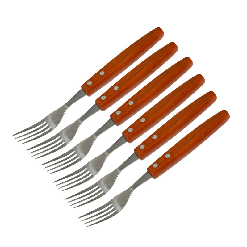 Hot Sales 12pcs kitchen stainless steel serrated blade steak knife and Fork set with Wooden Handle