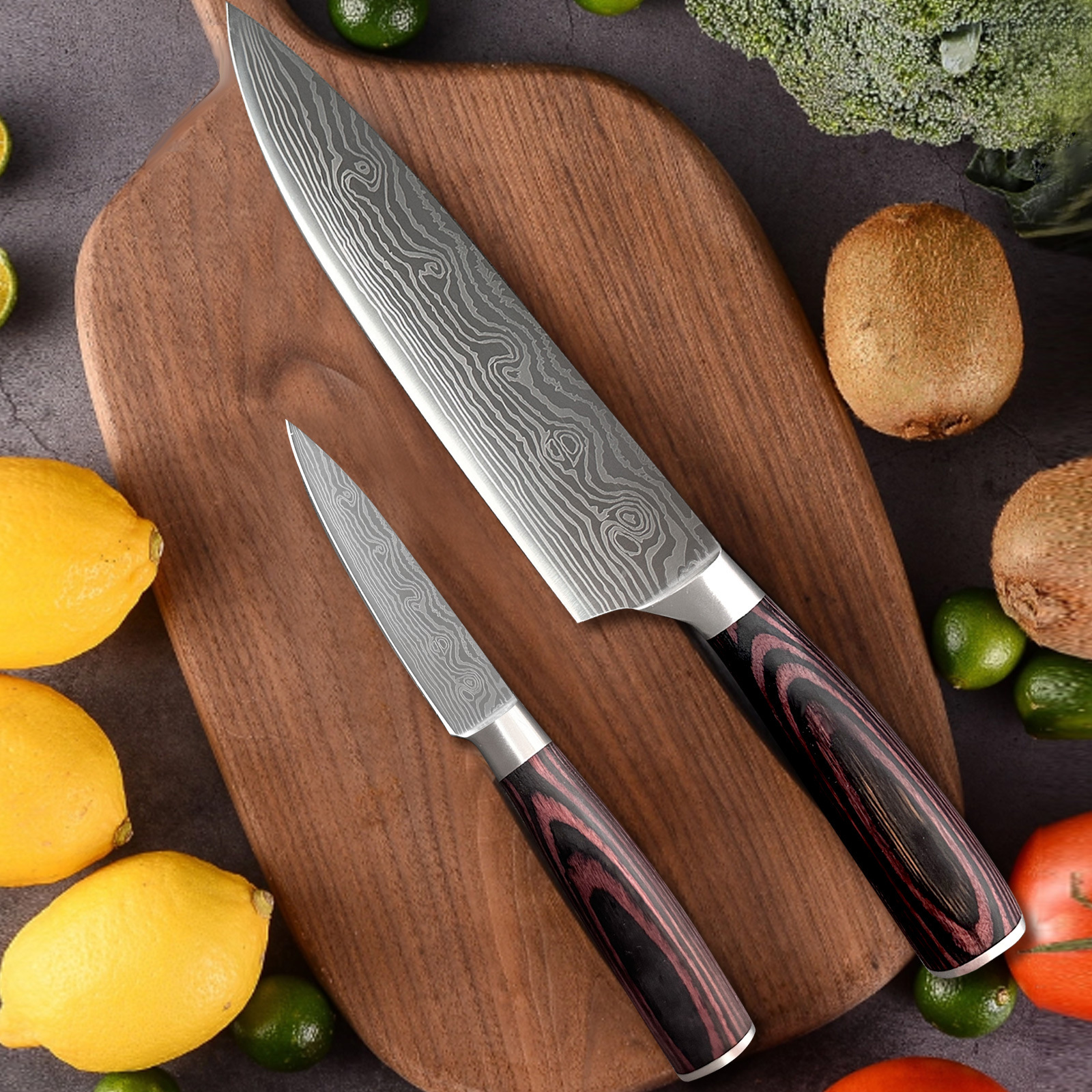 Professional Cooking Knife Set 2 Pieces Damascus Laser Pattern Kitchen Chef Knife and Paring Set With Pakka Wood Handle