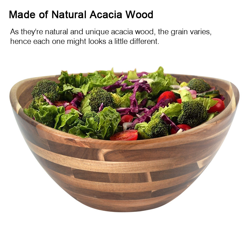 Custom Large Thick Kitchen Wooden Vegetable Fruit Salad Mixing Bowl Wholesale Round Wooden Bowl Acacia Wood Salad Bowl