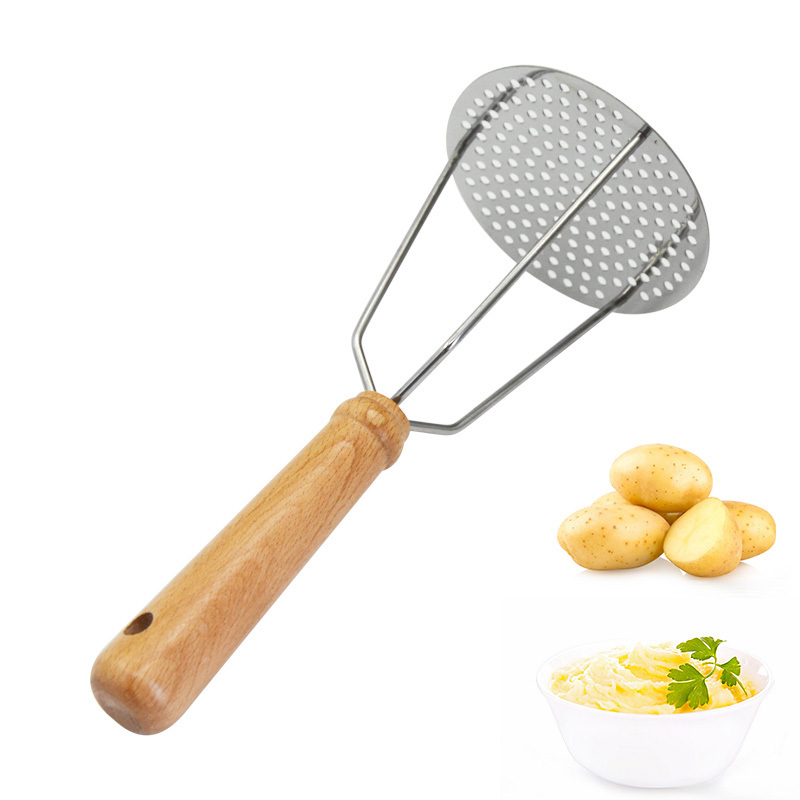 Kitchen tools hand held stainless steel potato masher & ricer with wooden handle