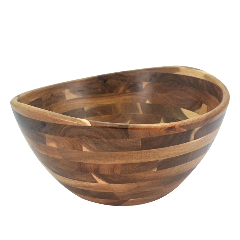 Custom Large Thick Kitchen Wooden Vegetable Fruit Salad Mixing Bowl Wholesale Round Wooden Bowl Acacia Wood Salad Bowl