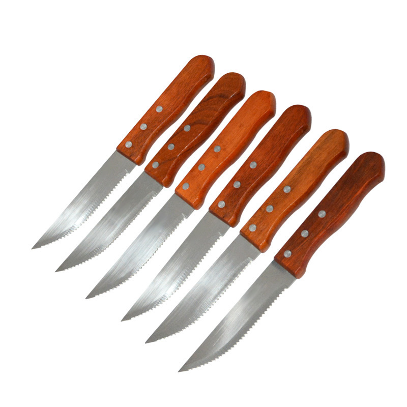 Hot Sales 12pcs kitchen stainless steel serrated blade steak knife and Fork set with Wooden Handle