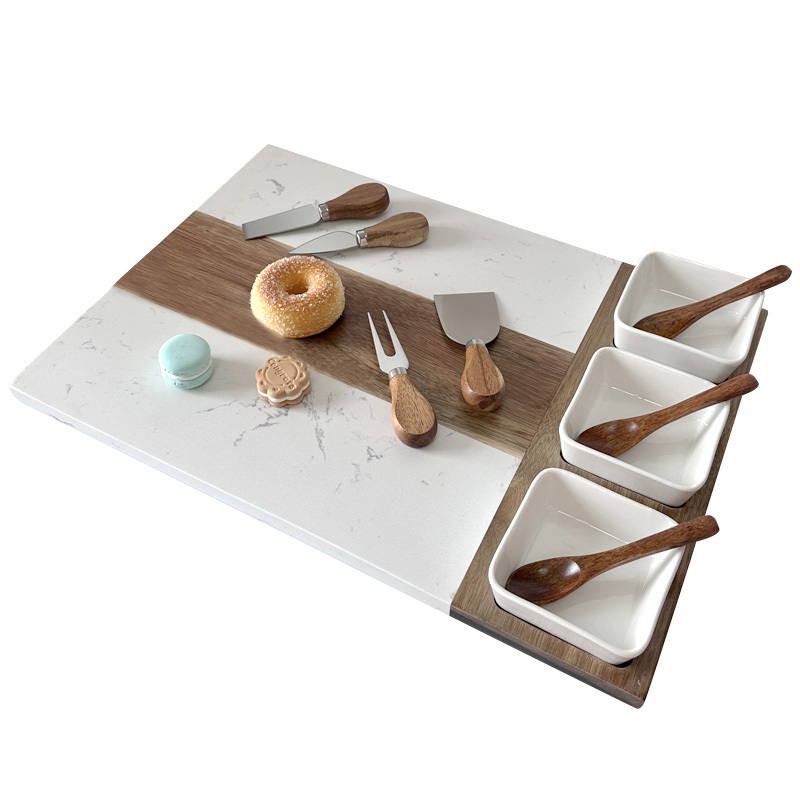 New Product Wholesale Marble Acacia Wooden Charcuterie Cheese Board With 3 Ceramic Bowls and Cheese Tools