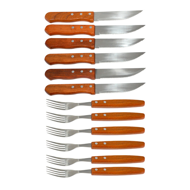 Hot Sales 12pcs kitchen stainless steel serrated blade steak knife and Fork set with Wooden Handle