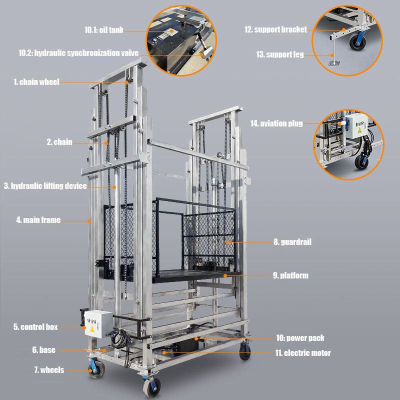 portable 1T 8m lifting mobile hydraulic scaffolding with remote controller panel box