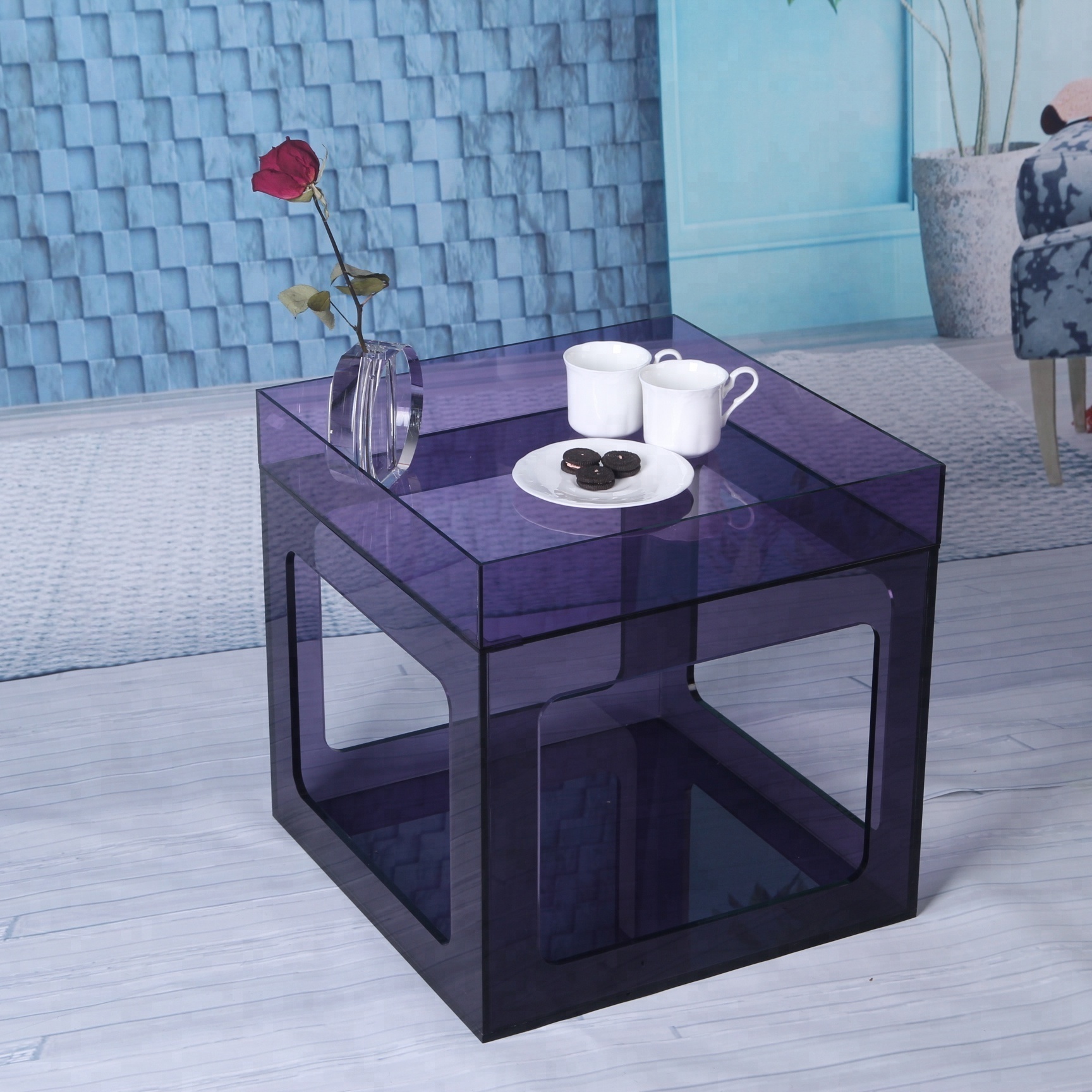 Unique design cube shape purple color acrylic coffee tray table with storage basket