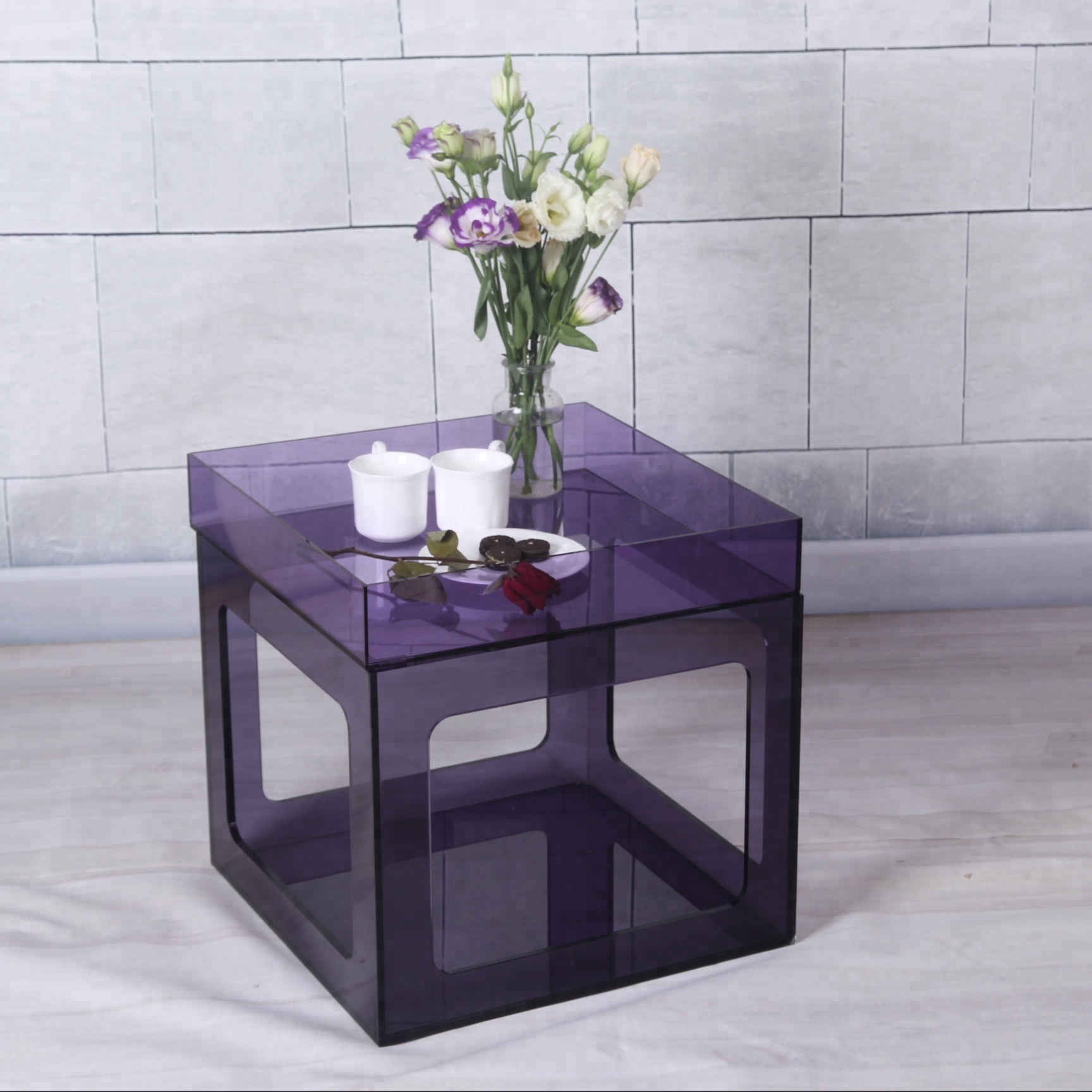 Unique design cube shape purple color acrylic coffee tray table with storage basket