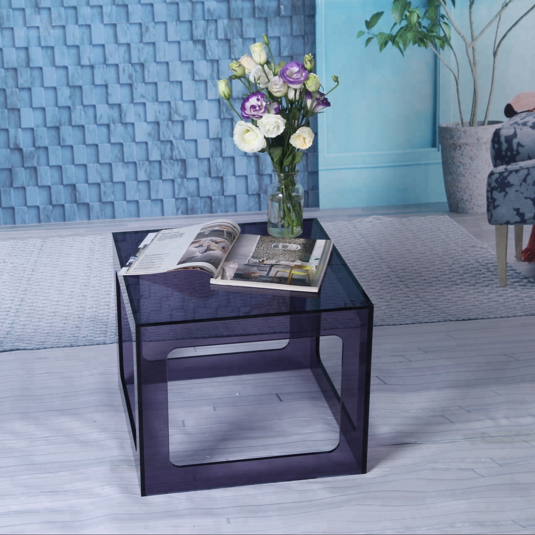 Unique design cube shape purple color acrylic coffee tray table with storage basket