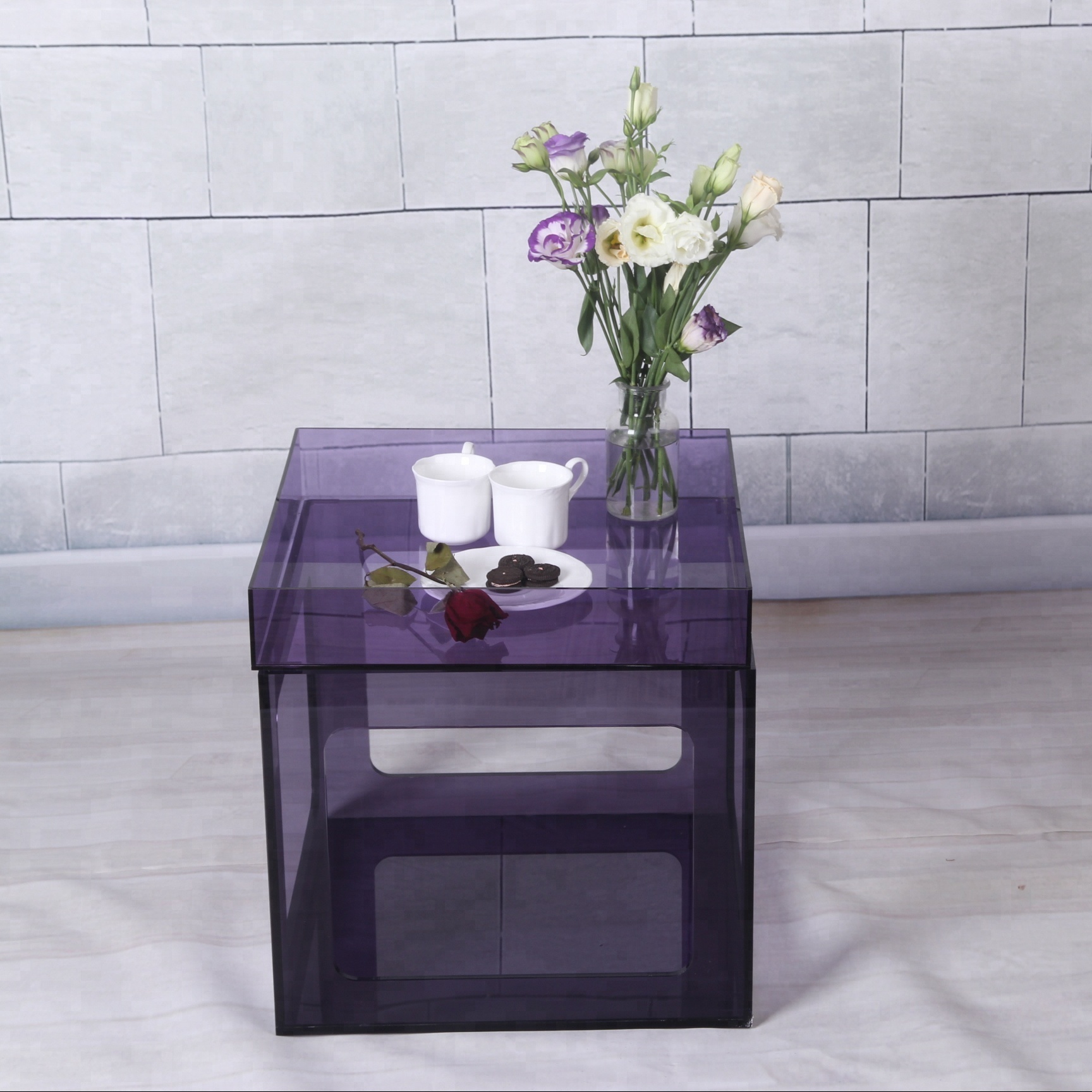 Unique design cube shape purple color acrylic coffee tray table with storage basket