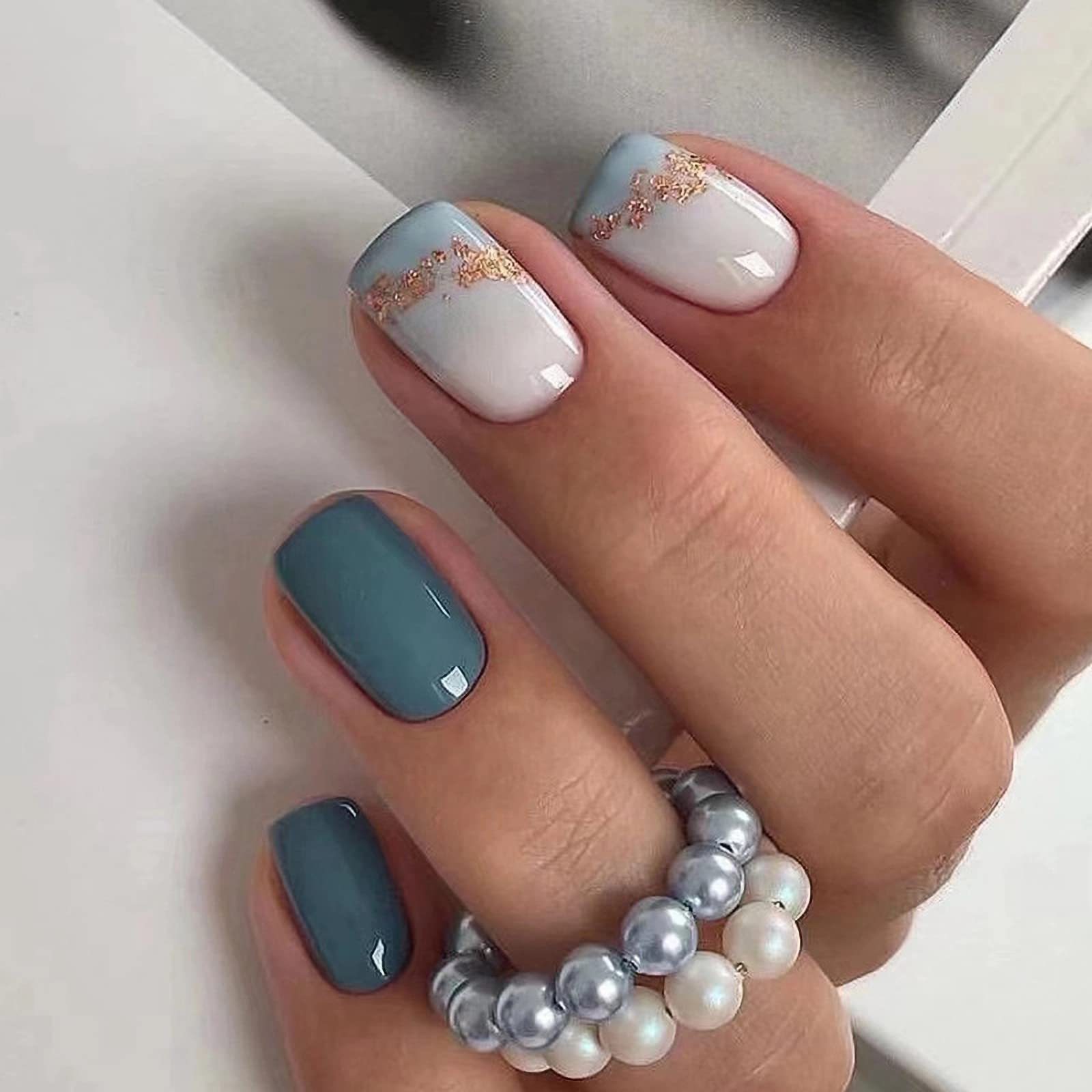 2024 new style Square Press on Nails Short False Nails Glossy Glue on Set Blue Acrylic Sea Bling Glitter Stick on False Nails