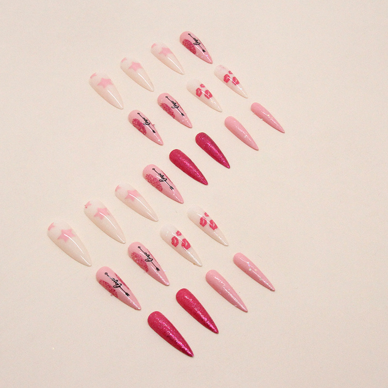 Pink Heart False Nail Kits Press on Nails Nude False Tips Oval Acrylic Stick on Nail Set Glue for Girlfriend