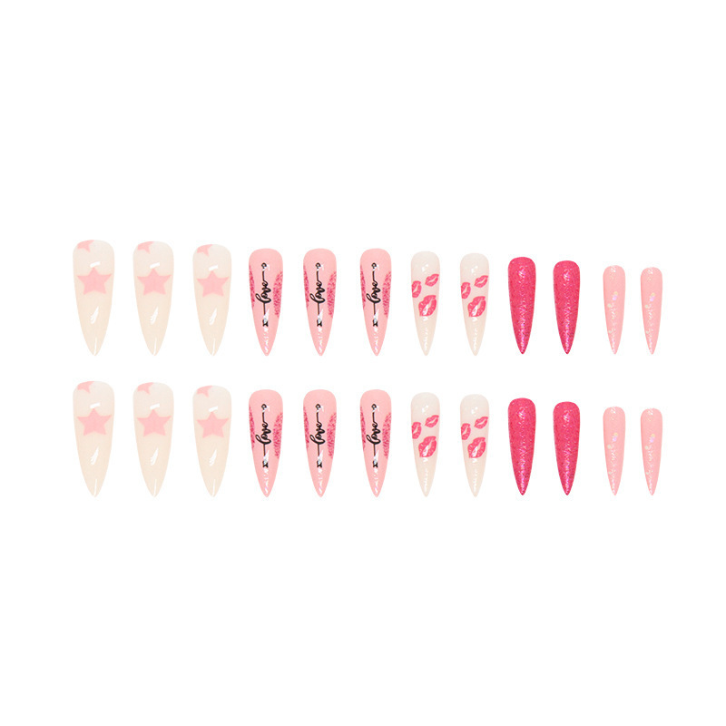 Pink Heart False Nail Kits Press on Nails Nude False Tips Oval Acrylic Stick on Nail Set Glue for Girlfriend