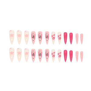 Pink Heart False Nail Kits Press on Nails Nude False Tips Oval Acrylic Stick on Nail Set Glue for Girlfriend