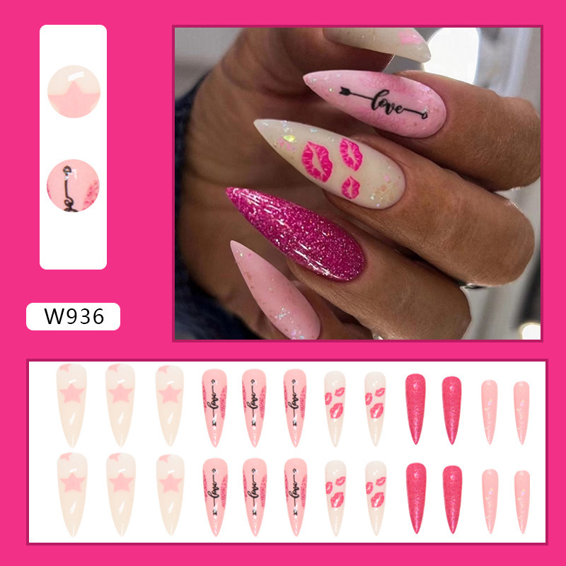 Pink Heart False Nail Kits Press on Nails Nude False Tips Oval Acrylic Stick on Nail Set Glue for Girlfriend