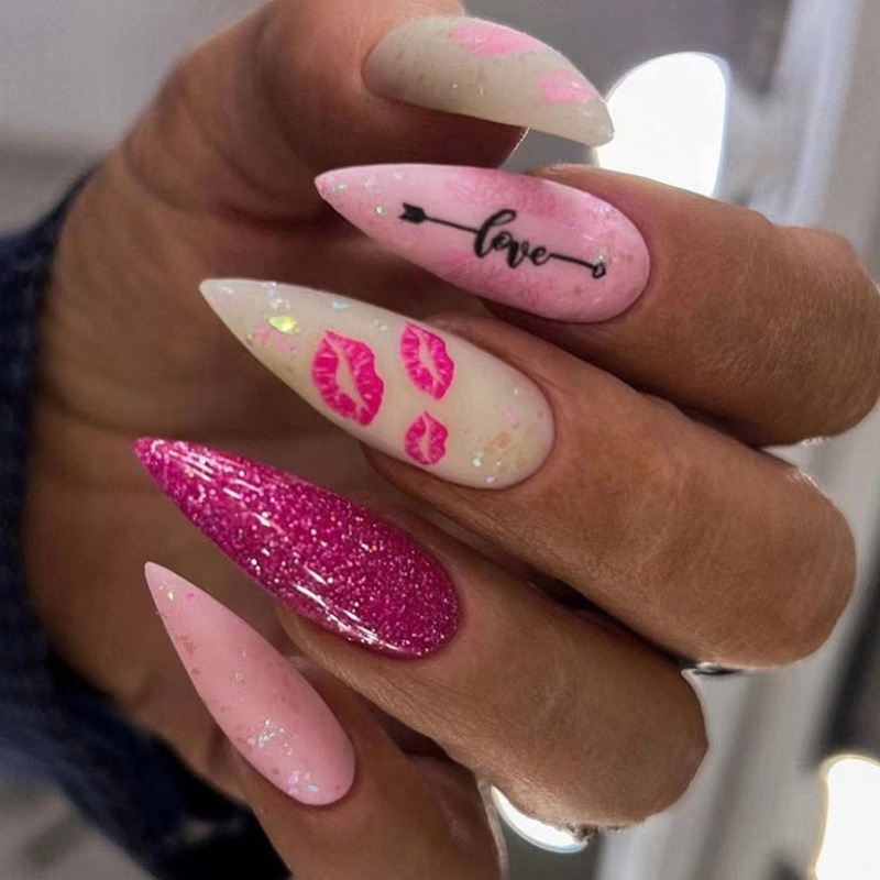 Pink Heart False Nail Kits Press on Nails Nude False Tips Oval Acrylic Stick on Nail Set Glue for Girlfriend