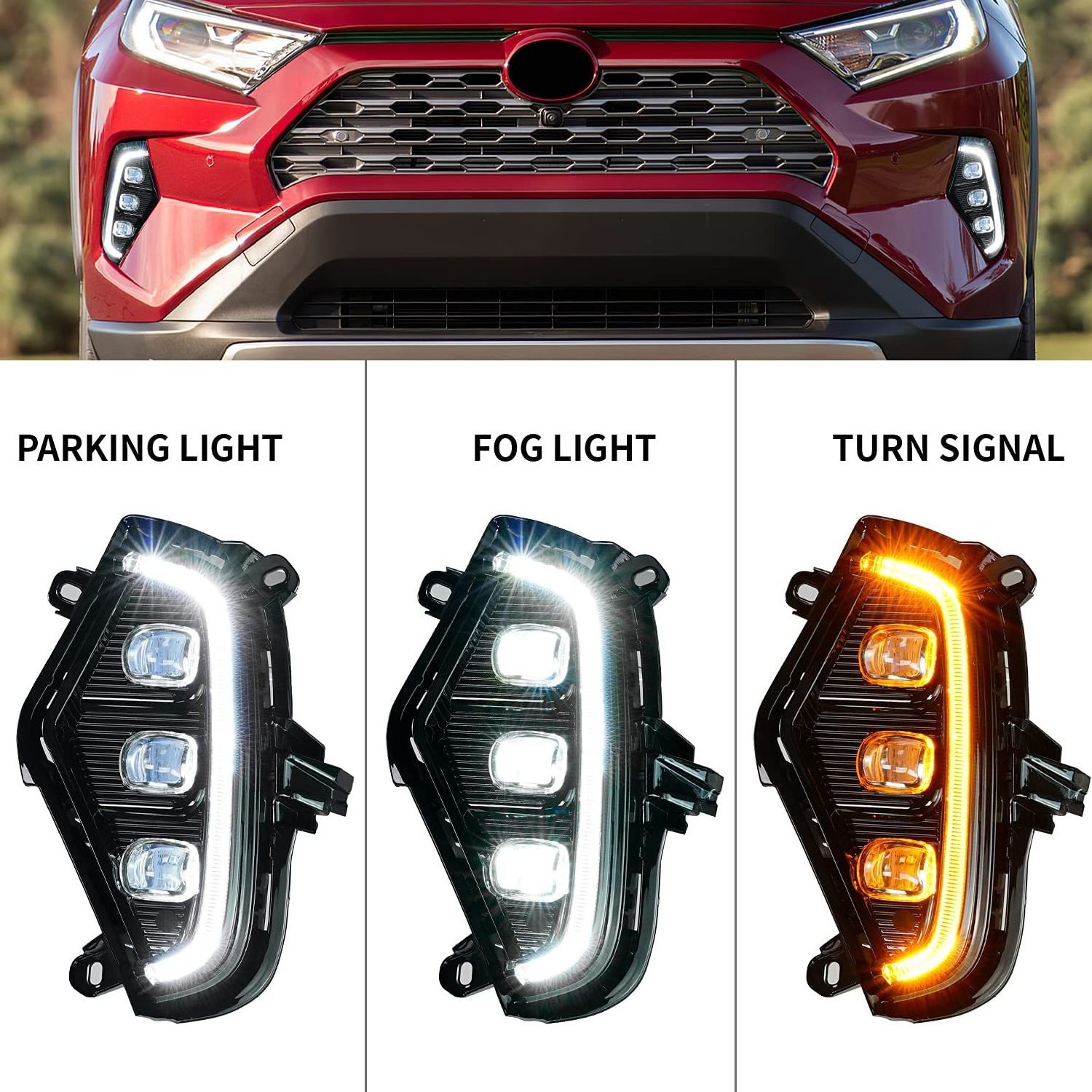 HW 4x4 LED DRL Lights Fog Lights with Amber Turn Signal Lamps 3 Eyes For Rav4