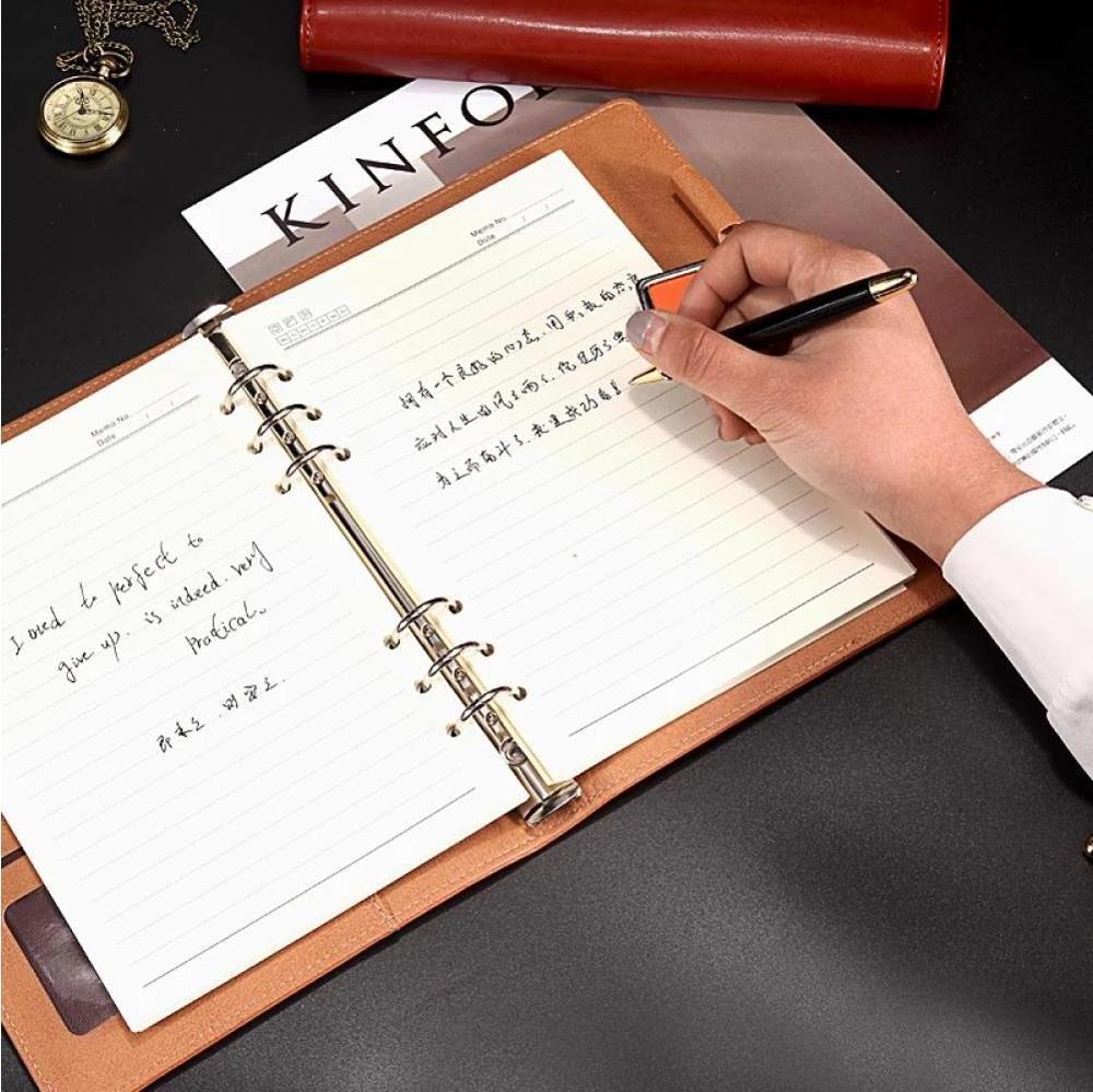 Luxury PU leather office Loose leaf journal 6 ring binding notebook hardcover business planner custom logo printed diary