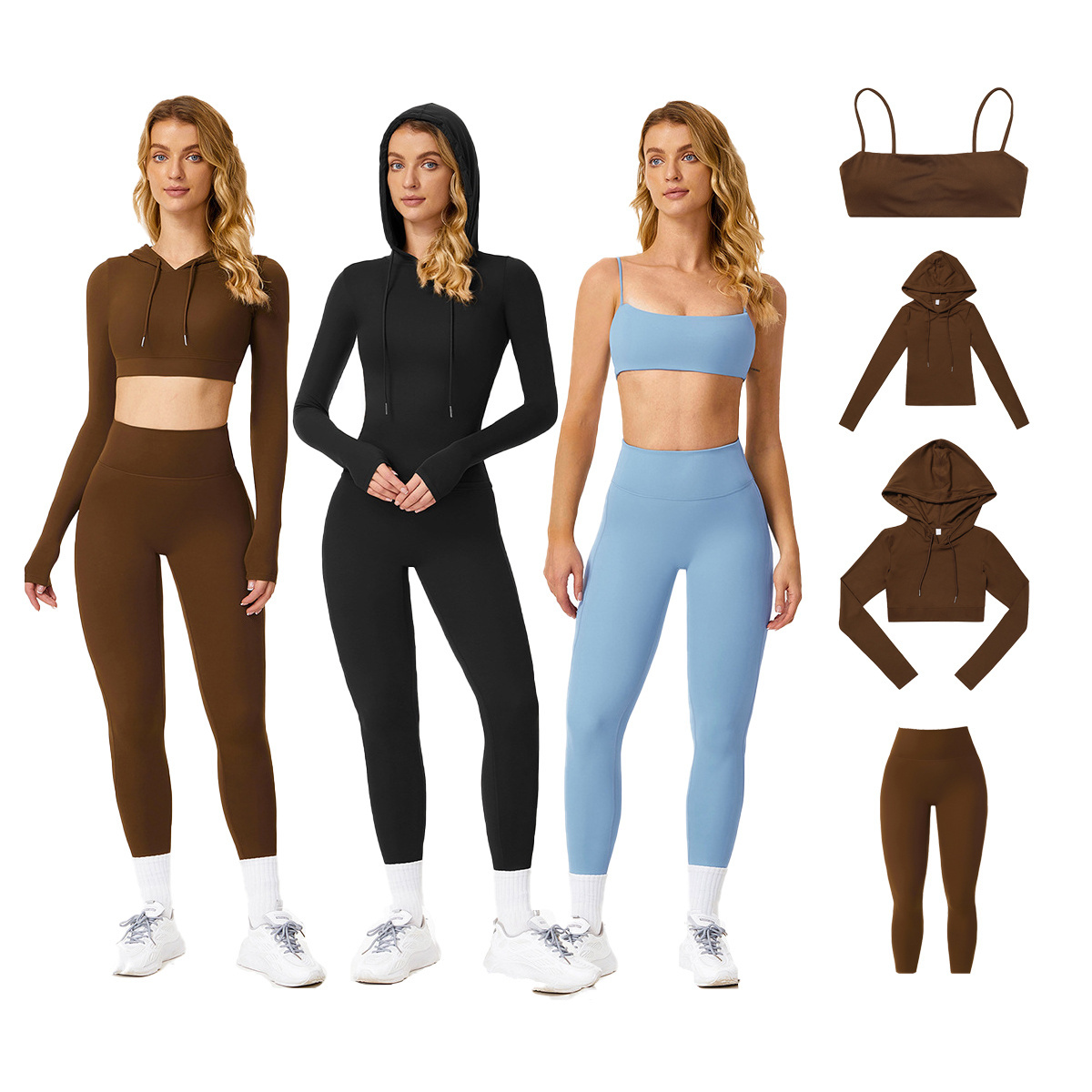 Active Wear Athleisure Sports Bra Yoga Workout Clothes Hoodie Sweat Buttock Leggings Women Long Sleeve 4 Piece Gym Fitness Sets