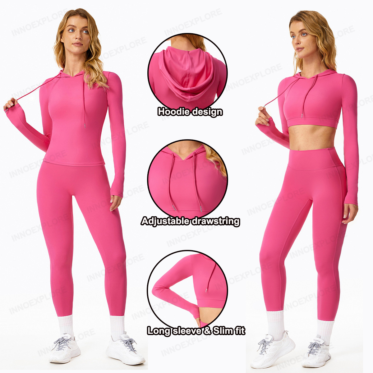 Active Wear Athleisure Sports Bra Yoga Workout Clothes Hoodie Sweat Buttock Leggings Women Long Sleeve 4 Piece Gym Fitness Sets