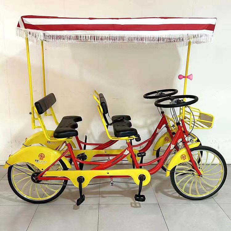 Factory-Priced Four-Wheel Steel-Fork Tandem Bicycle Sightseeing Surrey Bike for Four Persons Pedal Bicycle for Sale