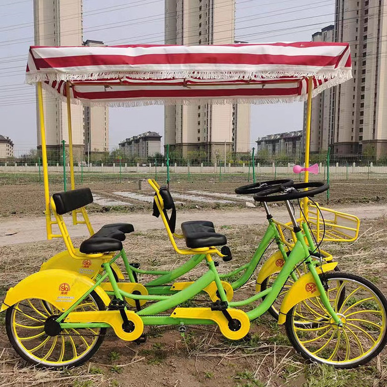 Adult Steel Tandem Bike 4-Wheel Surrey Bicycle for Four People Tourist Recreation for Sightseeing Rental