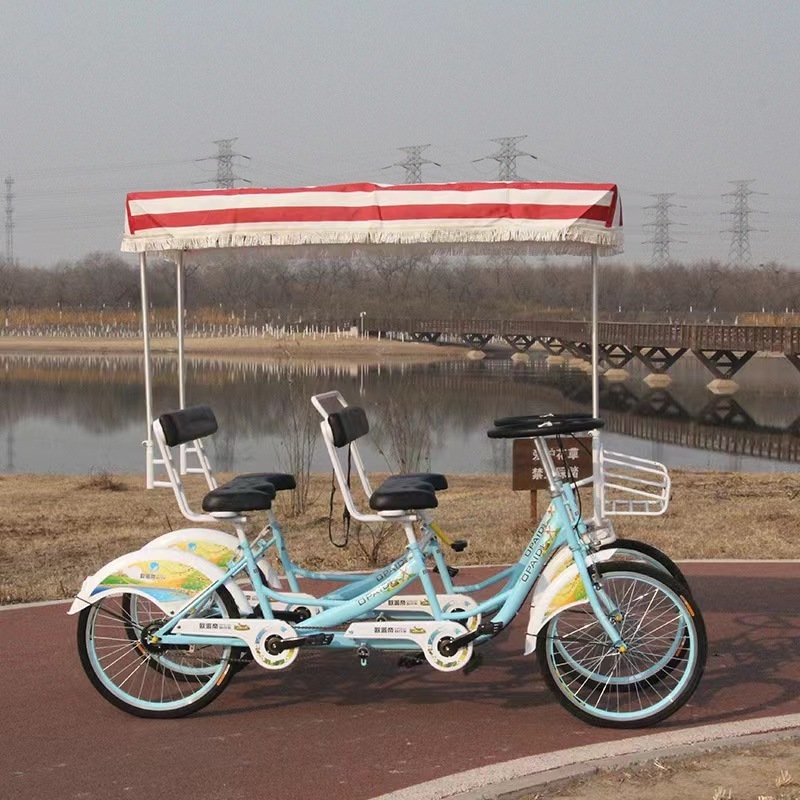 4-Wheel Sightseeing Vehicle Adult Tandem Bike Quadricycle for 4 People Recumbent Tandem Bicycle with Steel Fork