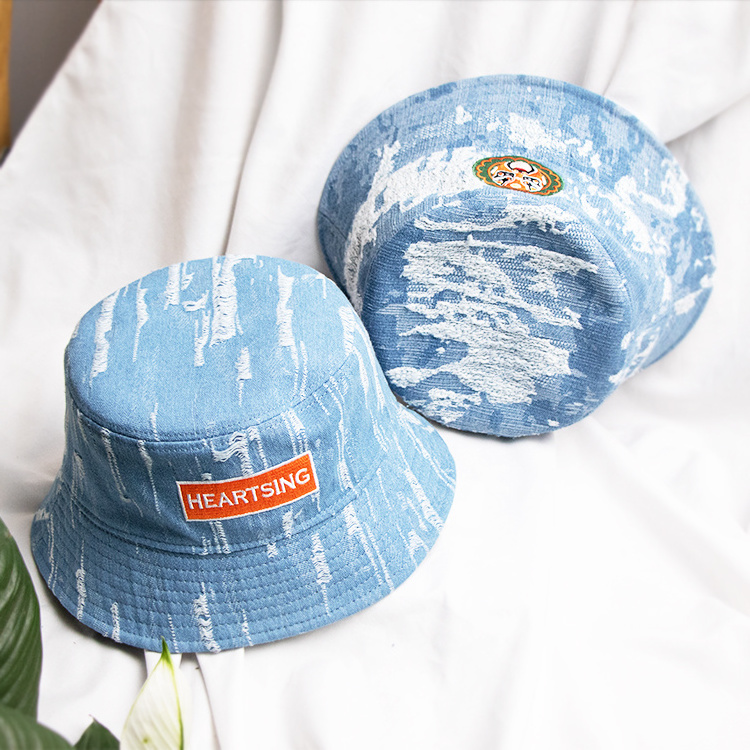 New design summer embroidered patch washed distressed ripped bucket hats custom logo jean custom bucket hat