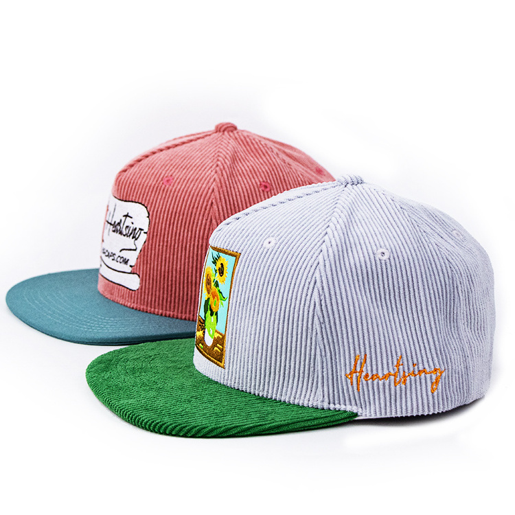 5 panel two tone snapback hip hop cap wholesale embroidery patch logo corduroy custom snapback hat