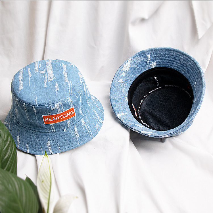 New design summer embroidered patch washed distressed ripped bucket hats custom logo jean custom bucket hat