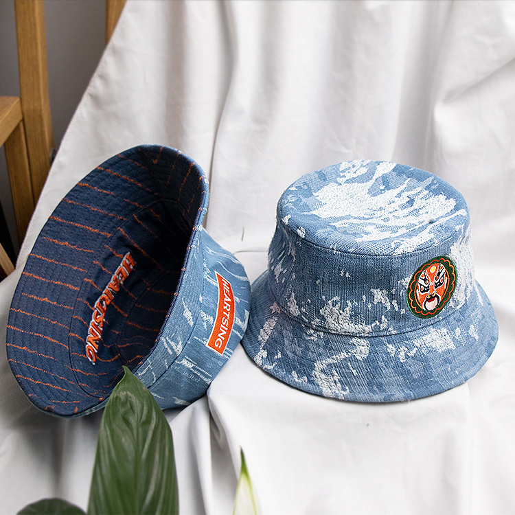 New design summer embroidered patch washed distressed ripped bucket hats custom logo jean custom bucket hat