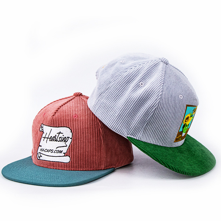 5 panel two tone snapback hip hop cap wholesale embroidery patch logo corduroy custom snapback hat