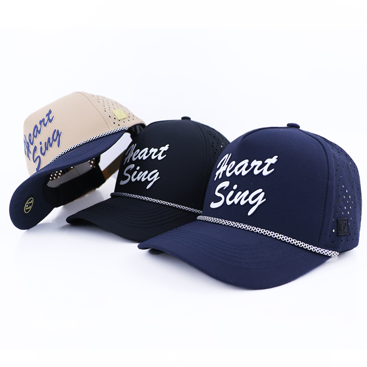 5 panel caps laser perforated waterproof hat laser cut hole perforated embroidery logo 5 panel rope hat