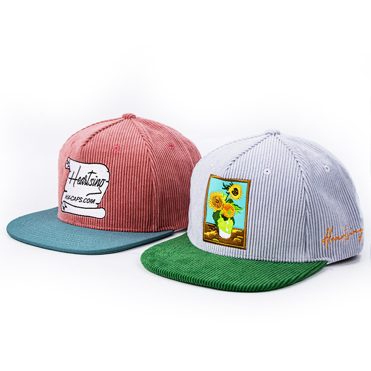 5 panel two tone snapback hip hop cap wholesale embroidery patch logo corduroy custom snapback hat