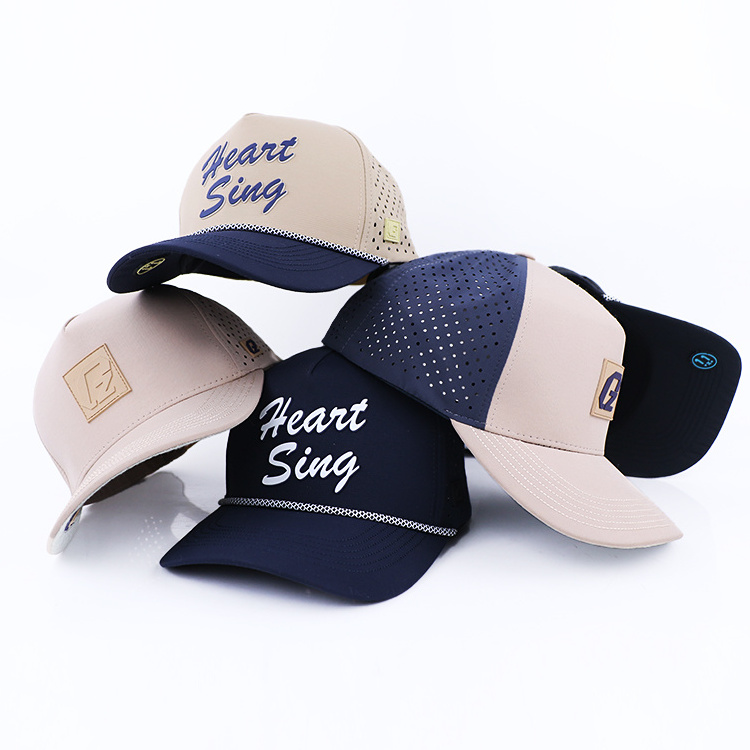 5 panel caps laser perforated waterproof hat laser cut hole perforated embroidery logo 5 panel rope hat