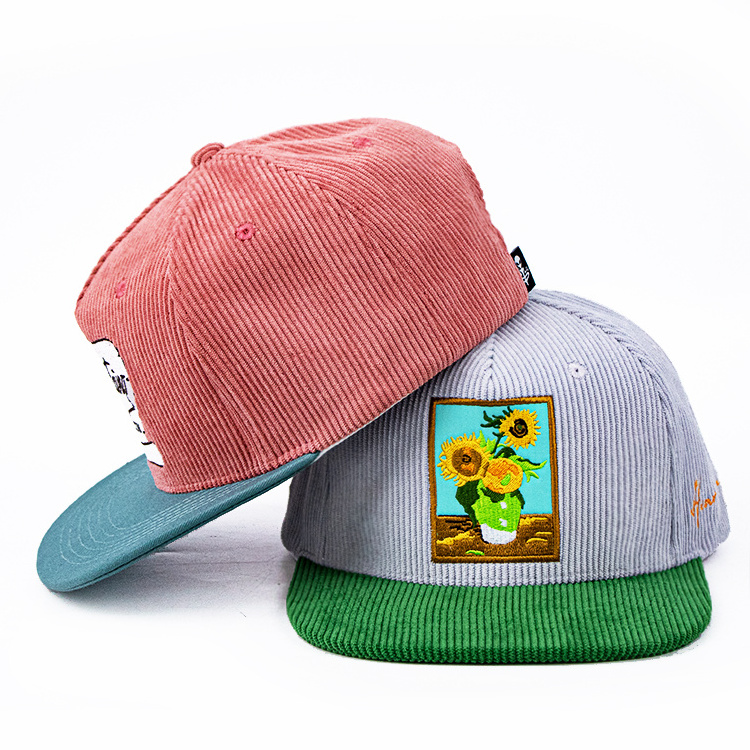 5 panel two tone snapback hip hop cap wholesale embroidery patch logo corduroy custom snapback hat