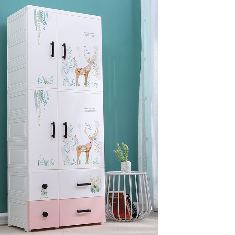 165 cm Tall Classic Pattern 4-Layer Double Door Shelving and Clothes Hanging Style Plastic Baby Wardrobe with Storage Drawers