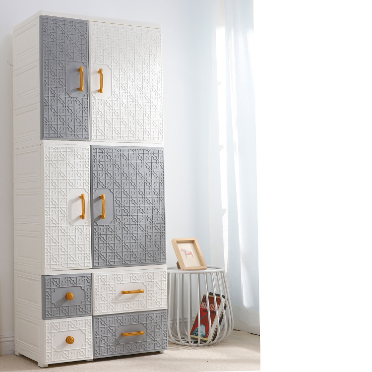 165 cm Tall Classic Pattern 4-Layer Double Door Shelving and Clothes Hanging Style Plastic Baby Wardrobe with Storage Drawers