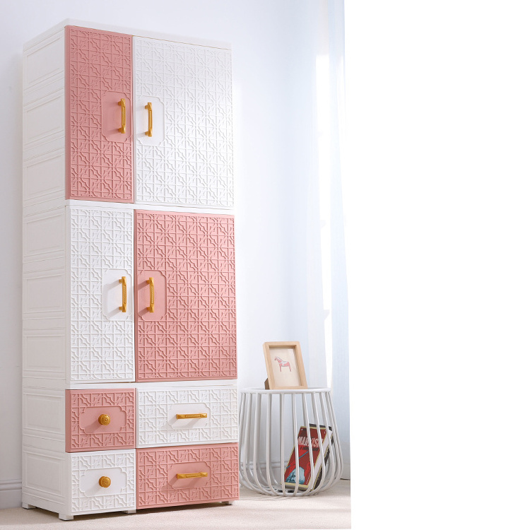 165 cm Tall Classic Pattern 4-Layer Double Door Shelving and Clothes Hanging Style Plastic Baby Wardrobe with Storage Drawers